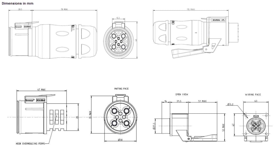 Mechanical Drawing - SOURIAU UTLx4W4 All-In-One Hybrid Connectors
